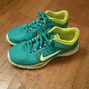 Nike tennis shoes, teal and lime